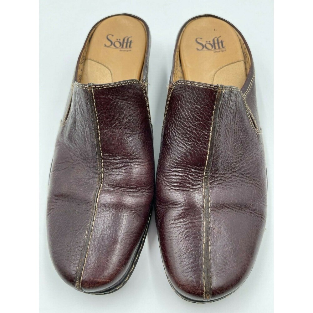 Sofft Women's Brown Leather Slide Comfort Heel Mules Size 9M EUC - Picture 1 of 6